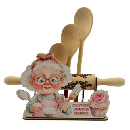 Stojak drewniany Babcia z wałkiem i łyżkami mix