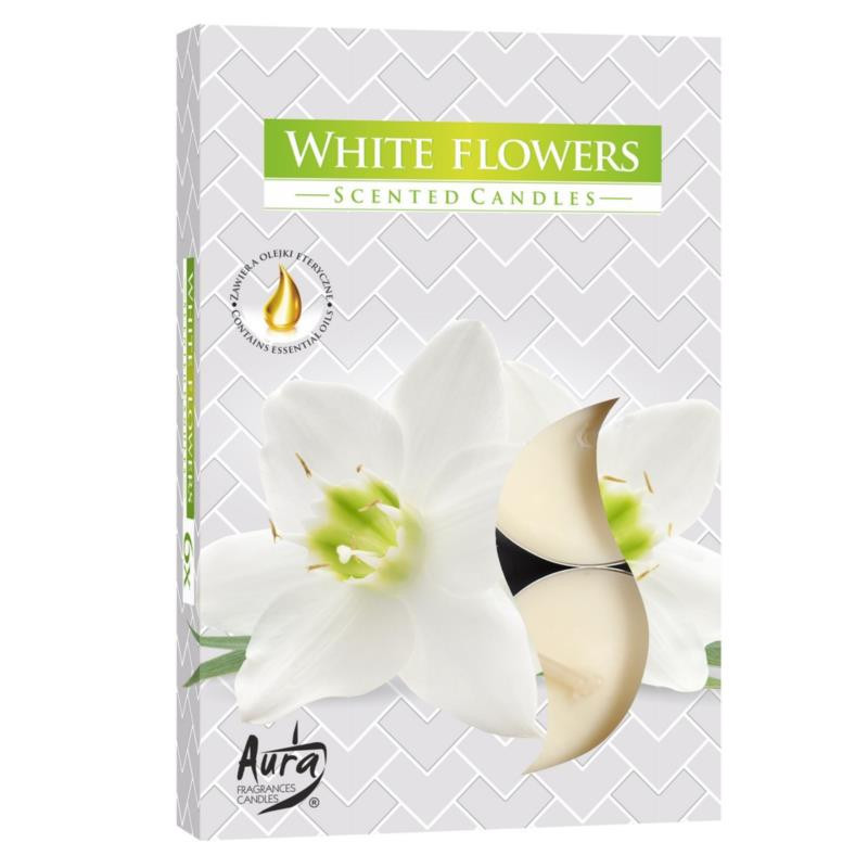 Świeca Tealight białe kwiaty 6 sztuk