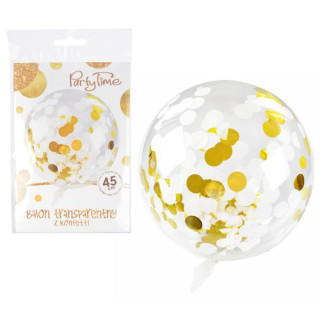 Balon z konfetti przeźroczysty 45cm 0041 biały/złoty