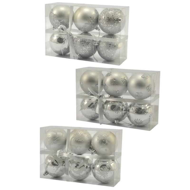 Bombki 8cm 6 sztuk srebrne plastikowe 9891 mix