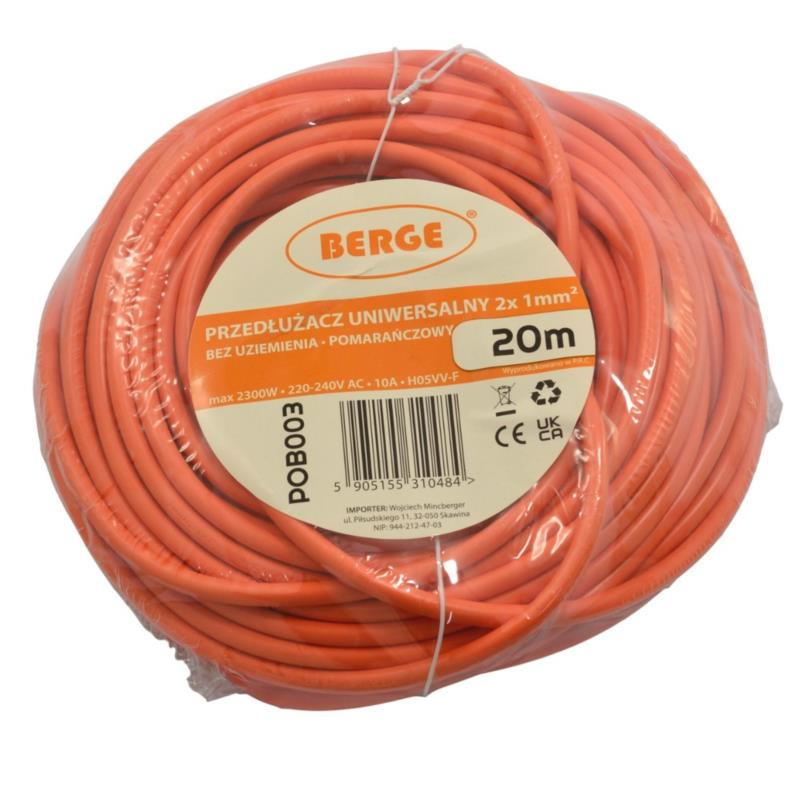 Przedłużacz 20M 230V pomarańczowy 2x1mm2 13A 2000W ogrodowy