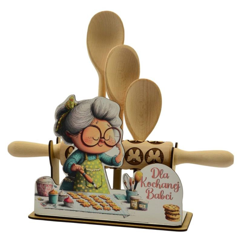 Stojak drewniany Babcia z wałkiem i łyżkami mix