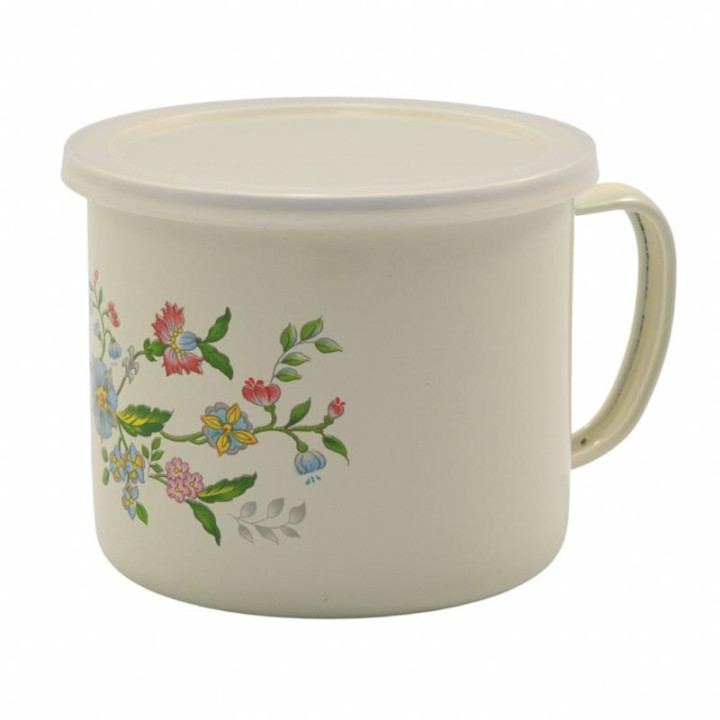 Kubek emalia 12cm dmuchawce/kwiaty z pokrywką mix