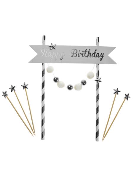 Dekoracja tortu srebrna "Happy Birthday"