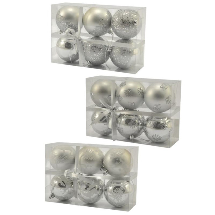 Bombki 8cm 6 sztuk srebrne plastikowe 9891 mix