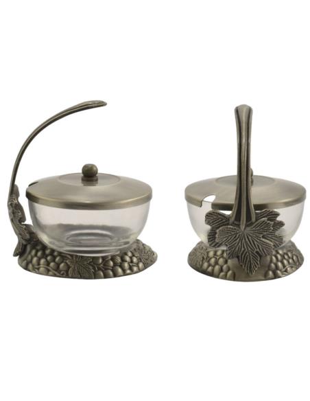 Cukiernica plater/cyna/szkło 8,5cm z łyżeczką 12cm 463-6040
