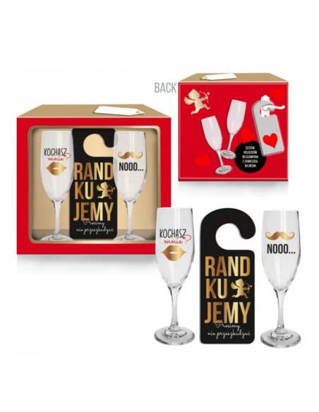 Kieliszki 190ml 2szt Walentynki + zawieszka Kochasz mnie? Nooo... Randkujemy