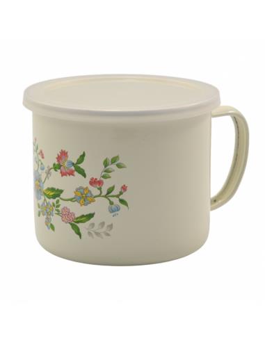 Kubek emalia 12cm dmuchawce/kwiaty z pokrywką mix