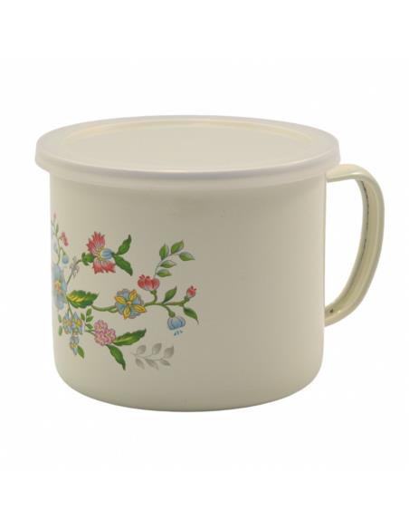 Kubek emalia 12cm dmuchawce/kwiaty z pokrywką mix