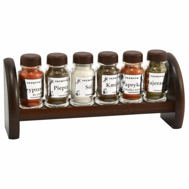 Przyprawniki  6 elementów na półce brązowe nakrętki mix