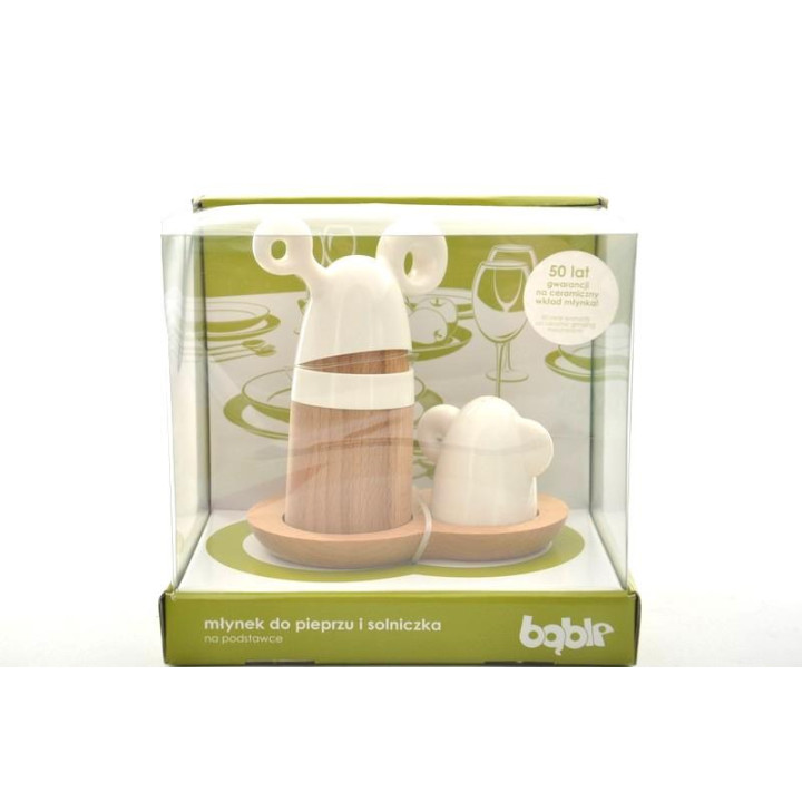 Młynek z solniczką bąble na drewnianej podstawce